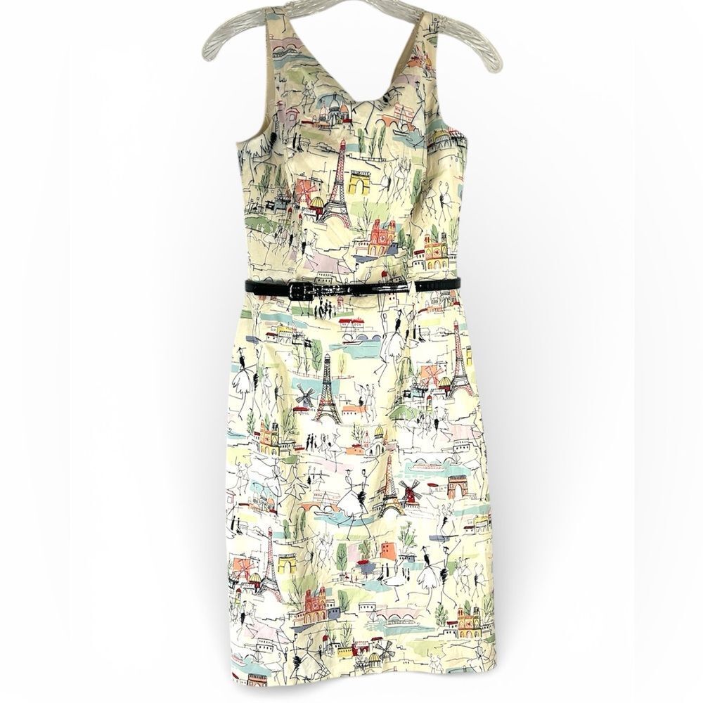 David Meister womans sheath dress 2 Paris vtg graphic print day travel Europe